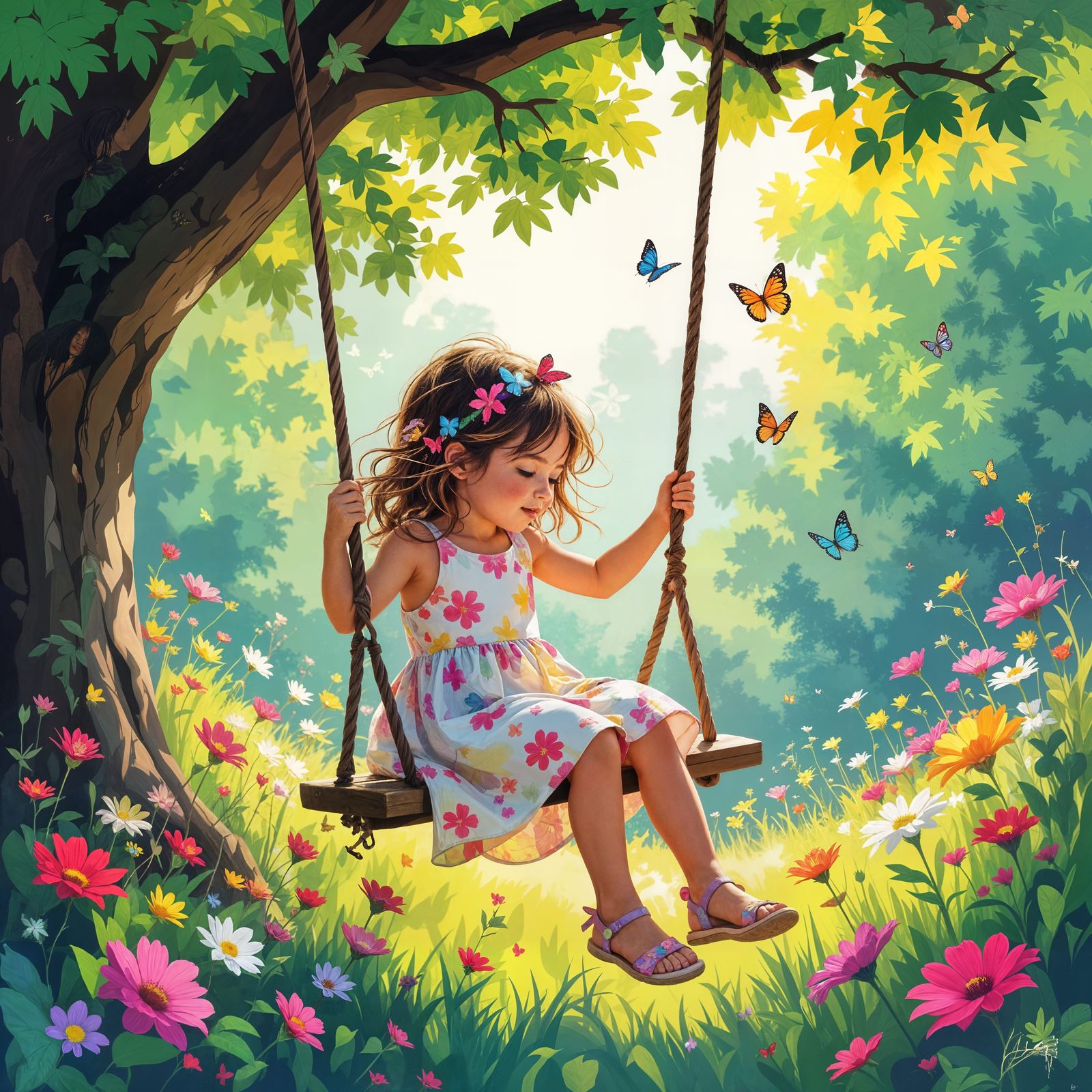 Girl on Tree Swing, Graffiti and Gouache Style
