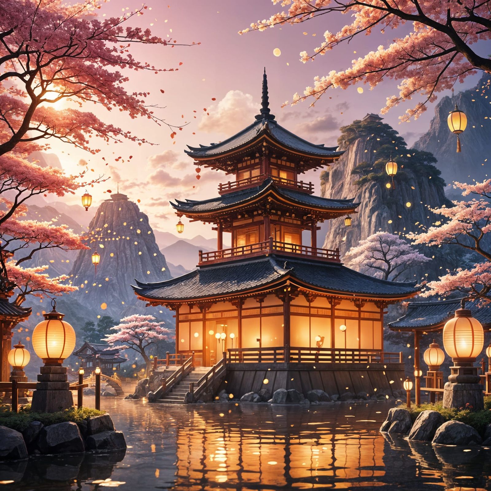 Mystical Japanese Pagoda in a Whimsical 2.5D Anime Realm