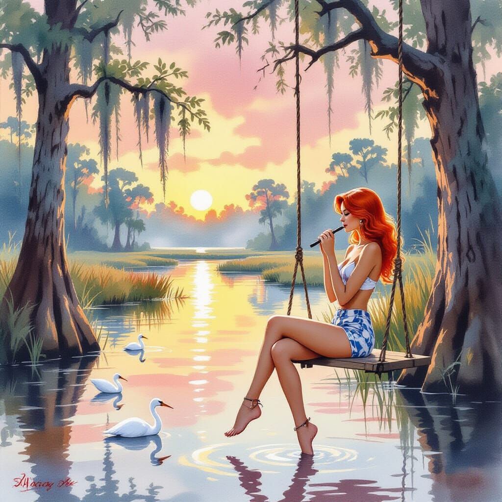 Bayou Vista with Pin-Up in Watercolor Style