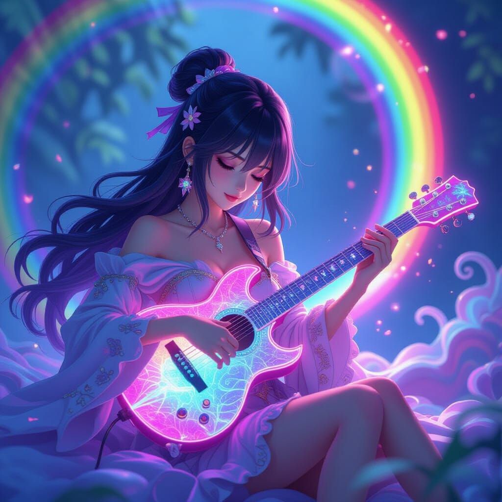 Anime Musician Surrounded by Rainbow Hues