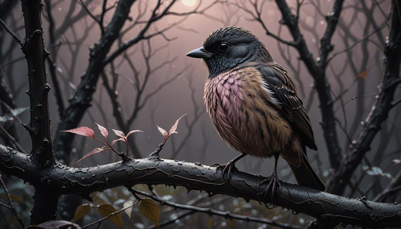 Melancholic Night Forest Scene with Woman and Bird