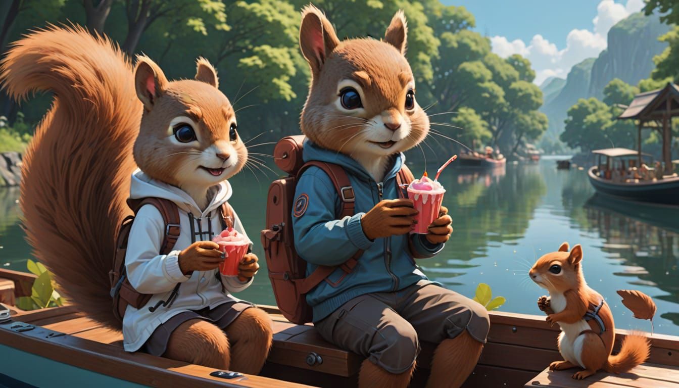 Anime Art: Kids and Squirrel Enjoying Popsicles