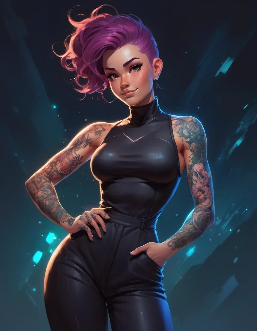 Anime Woman Casting Magic with Tattoos