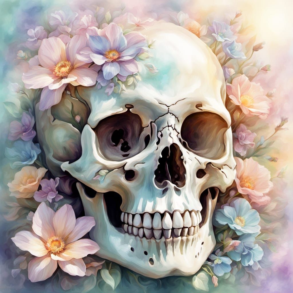 Whimsical Fantasy Skull Surrounded by Shimmering Pastel Flow...