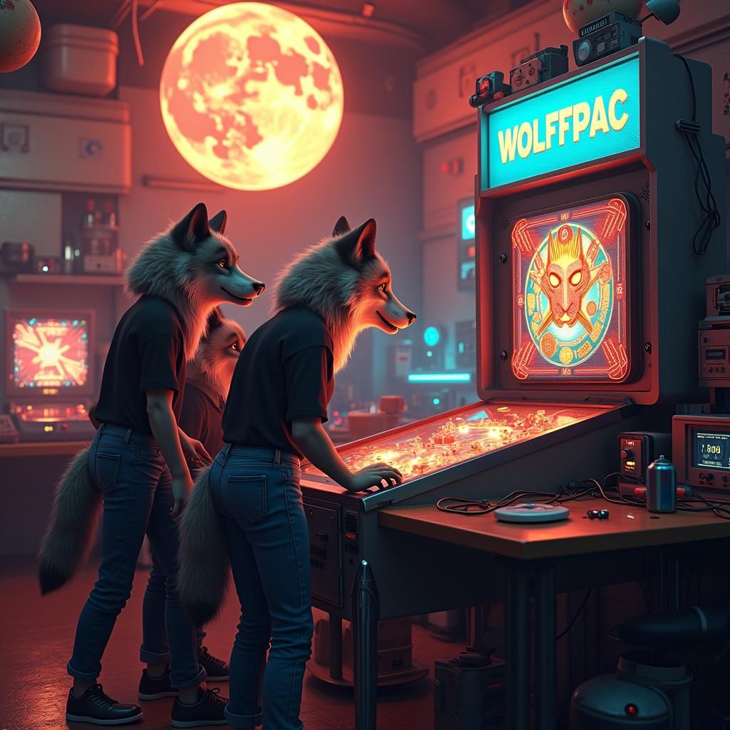 Wolves Play Pinball in Retro-Futuristic Lab