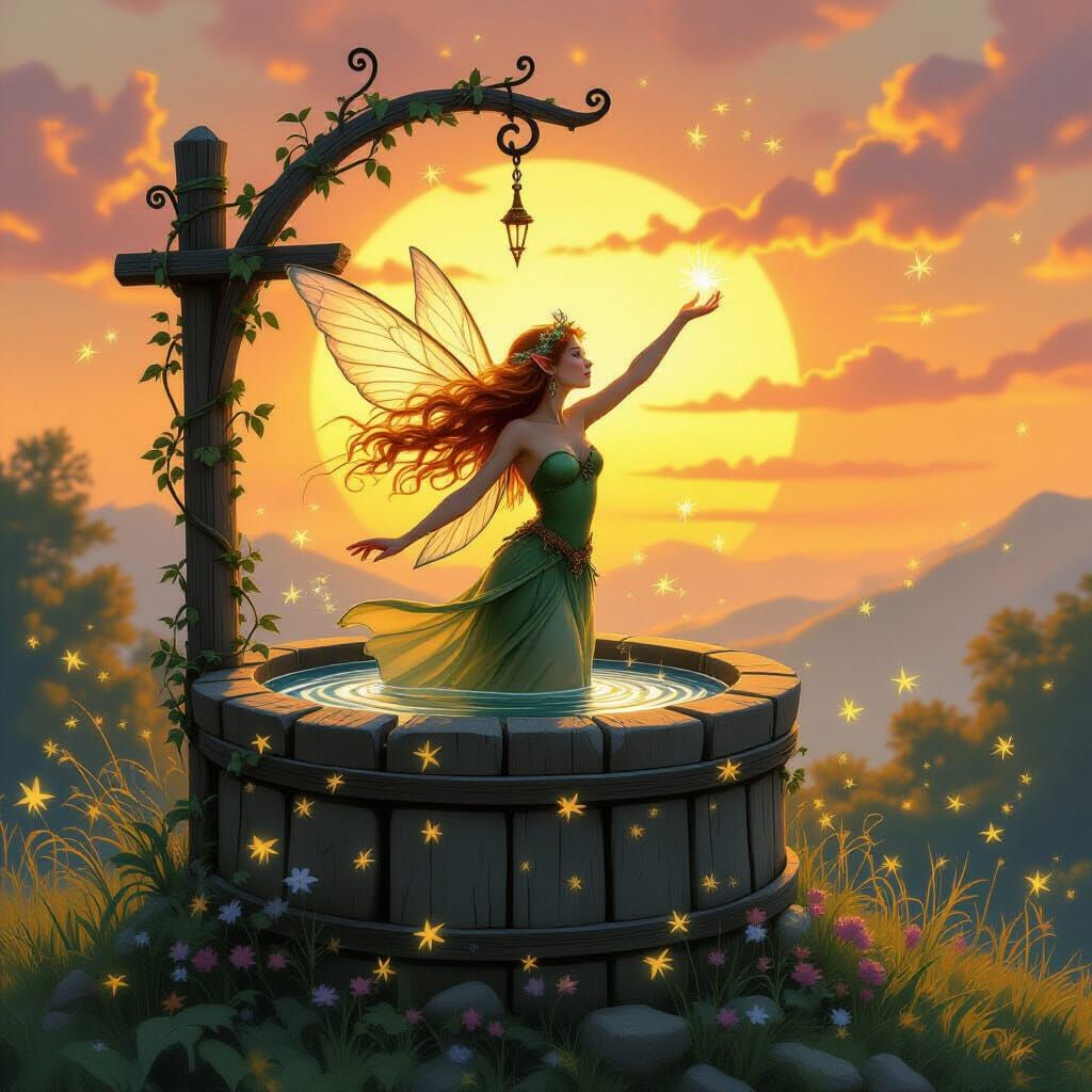 Elf Maiden Soaring from Wishing Well at Sunset
