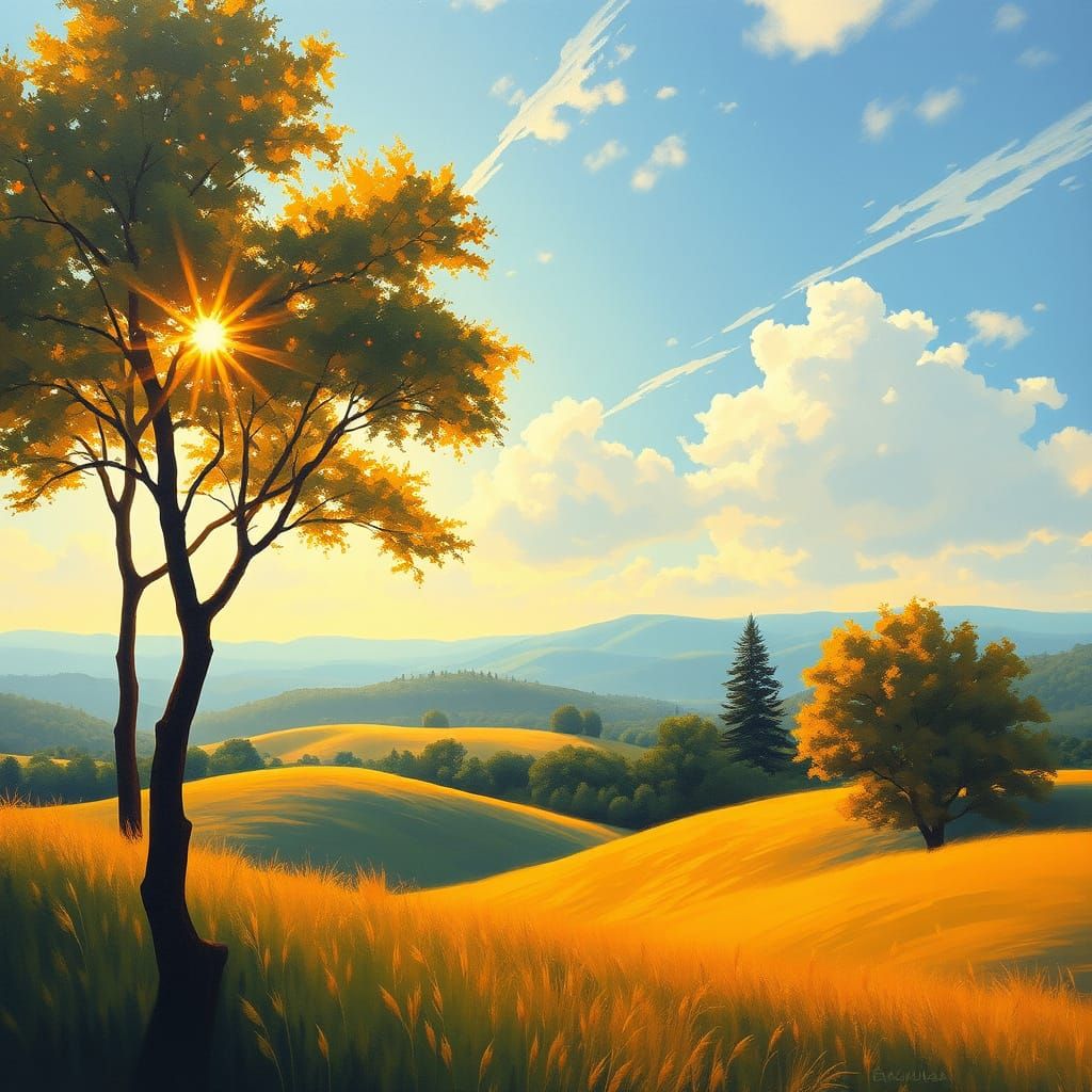 Golden Light on Serene Landscape, Impressionistic Style