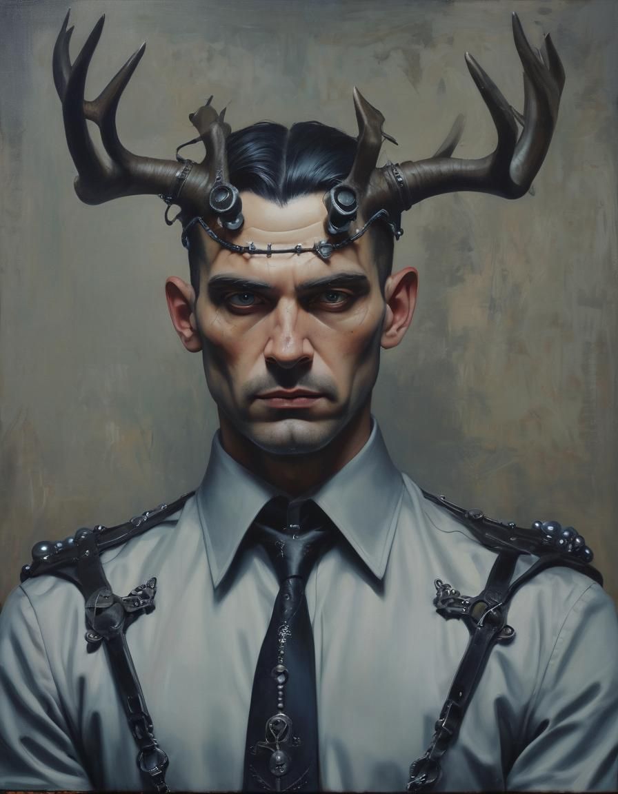 Gothic Man with Antlers: Dieselpunk Oil Painting