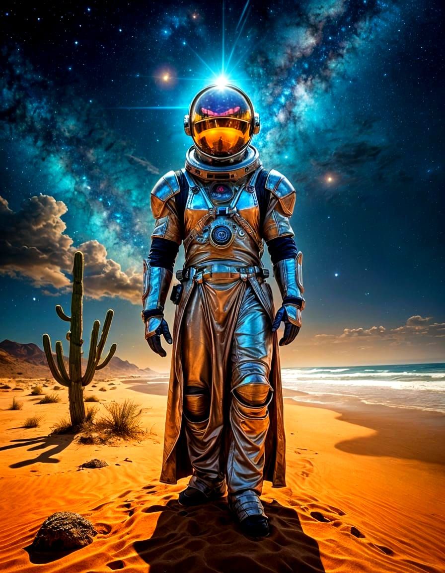 Surreal Astronaut Emerges from Cosmic Desert Storm