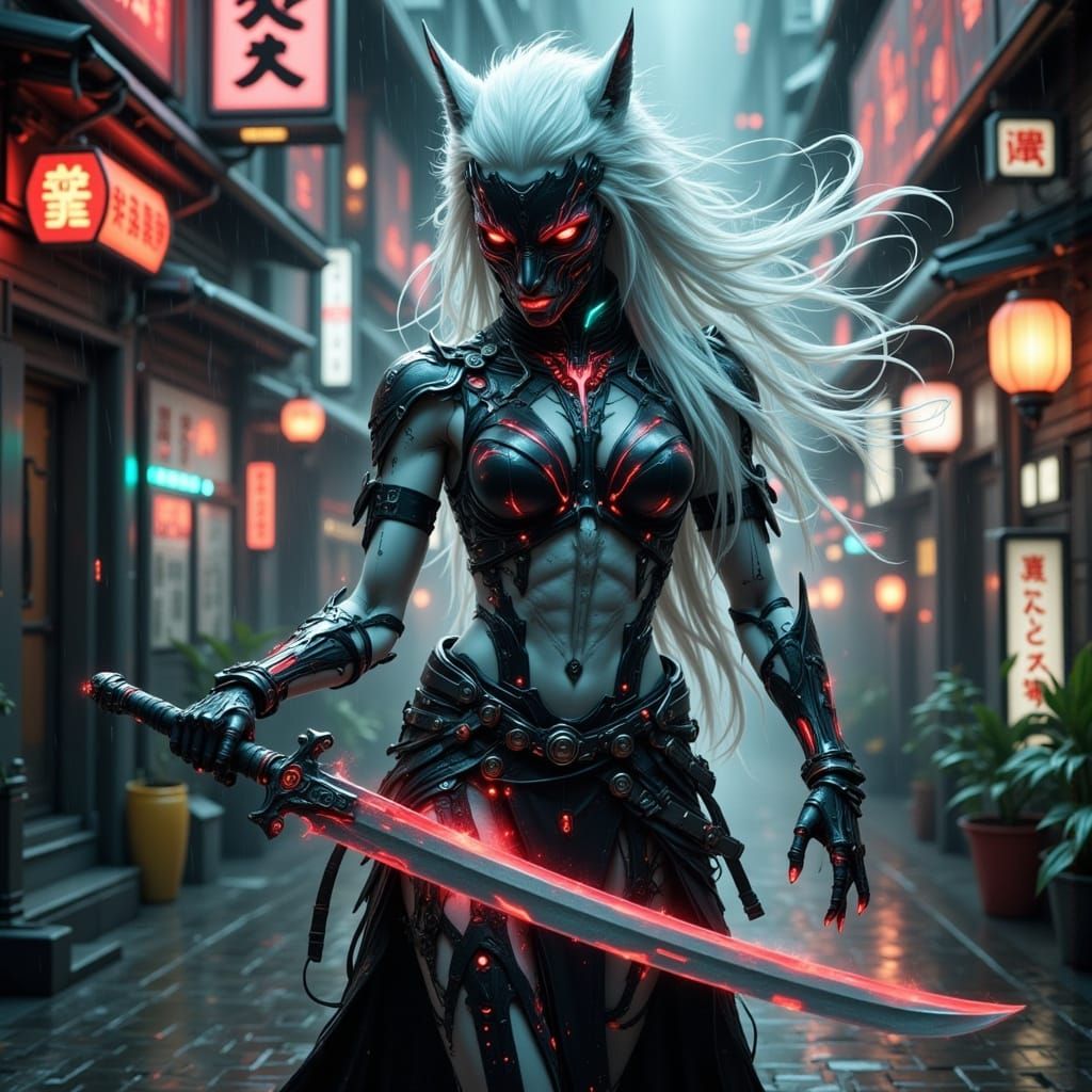 Goth Werewolf Samurai in Cyberpunk Neo-Tokyo