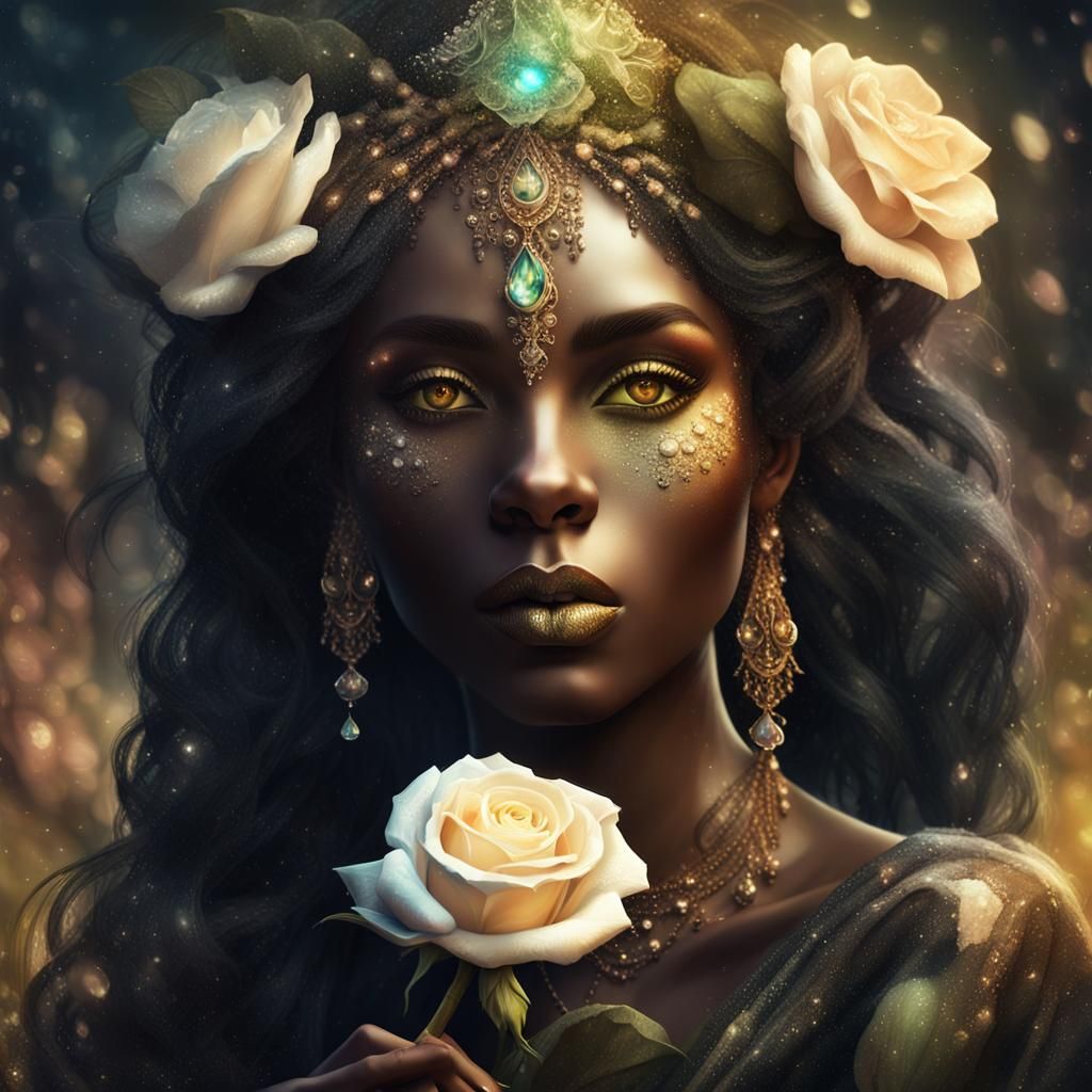 Black Silk Dryad with White Rose in Fantasy Art