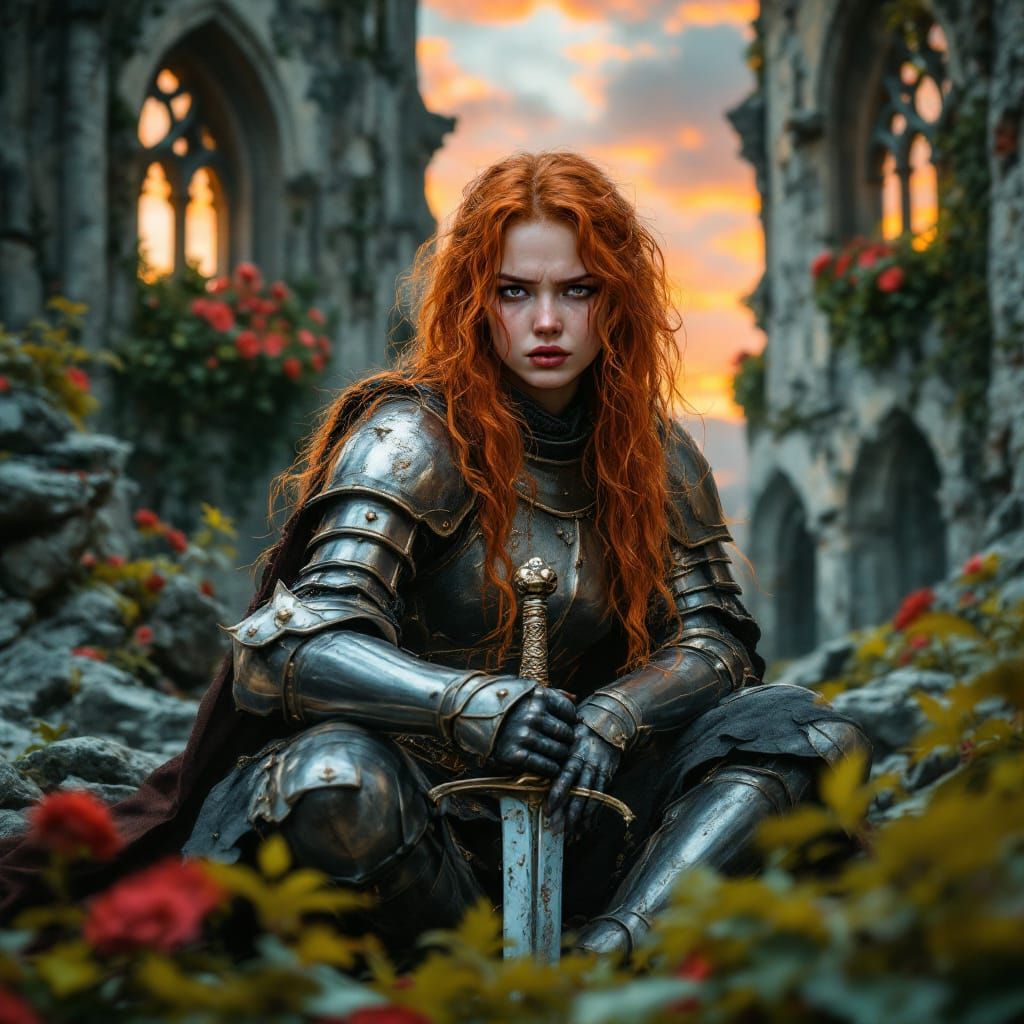 Red-Haired Knight in Broken Armor at Sunset