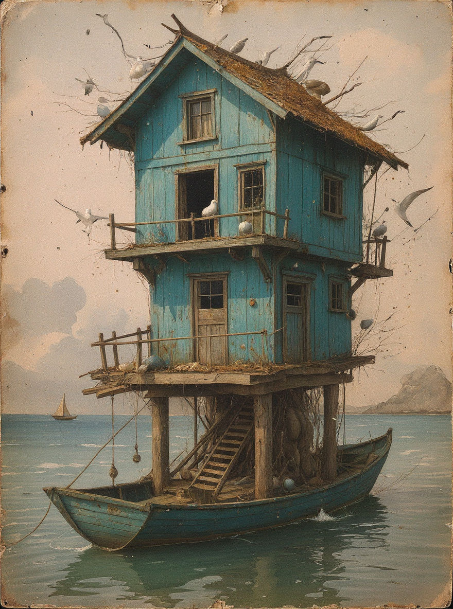 Turquoise Boathouse in Chaotic Seas: Watercolour Painting