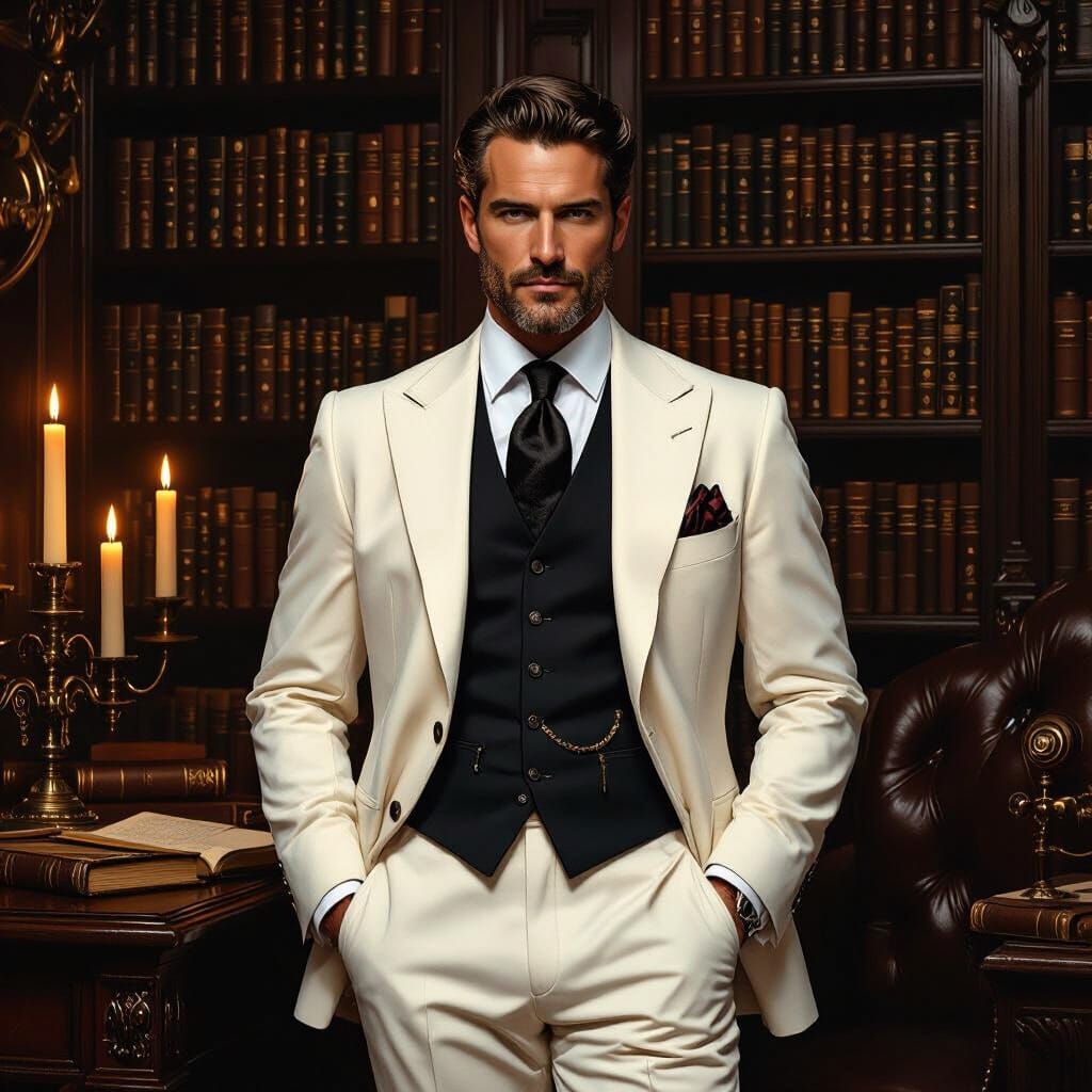 Elegant Gentleman in Victorian Study, Retro-Futuristic Style