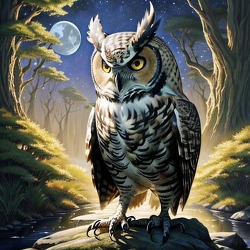 Surreal Great Horned Owl in Golden Filigree, Beside Moonlit...