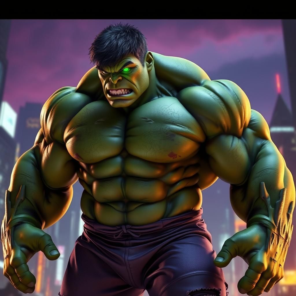 Hyper-Realistic Hulk in Dystopian Cityscape