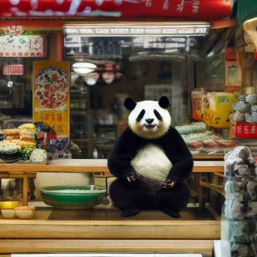 Hyperrealistic Panda Eats Sushi in Market