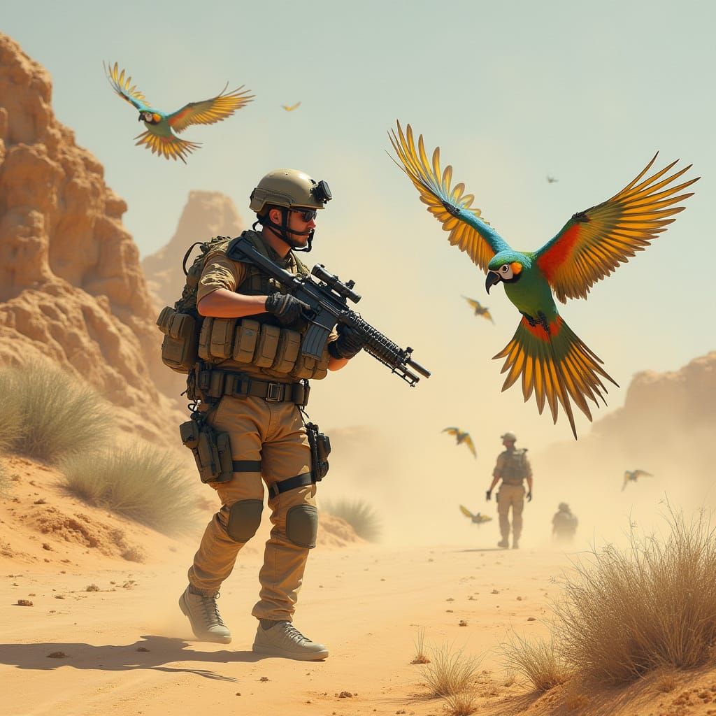 Soldier Engages Rogue Parrot Flock in Desert Ambush