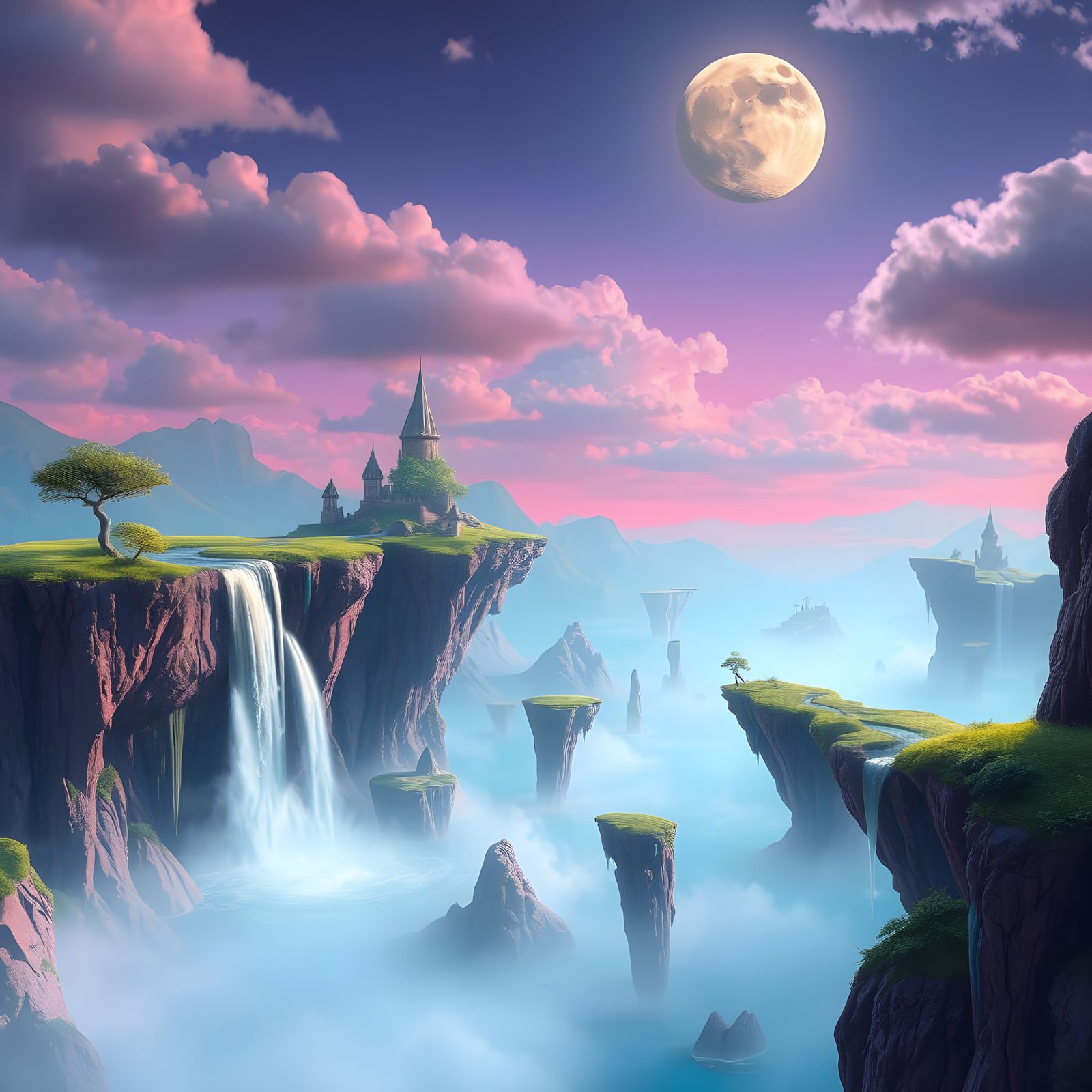 Dreamlike Islands in a Glowing Moonlit Sky