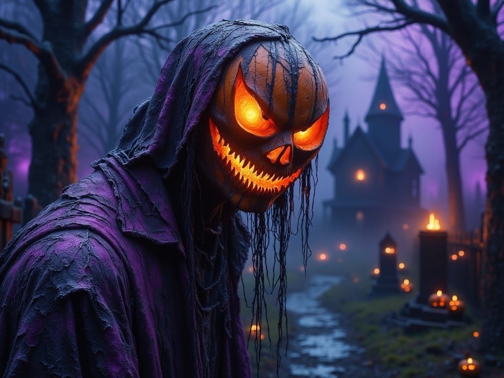 Menacing Pumpkin Head Man in Macabre Halloween Scene