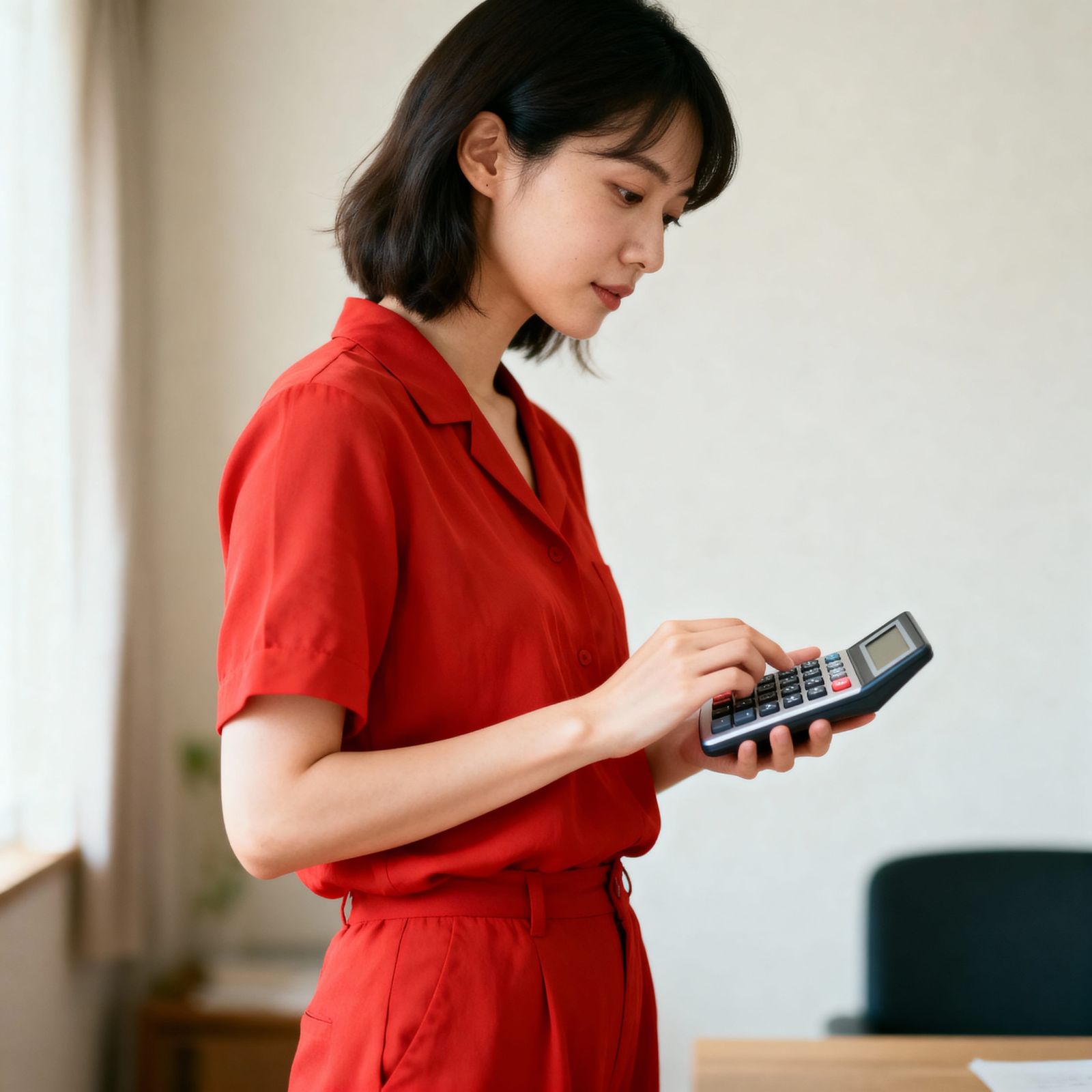 Woman in Red with Calculator