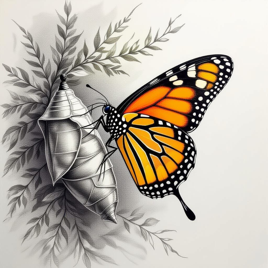 Graphite Drawing Of Butterfly Emerging From Chrysalis