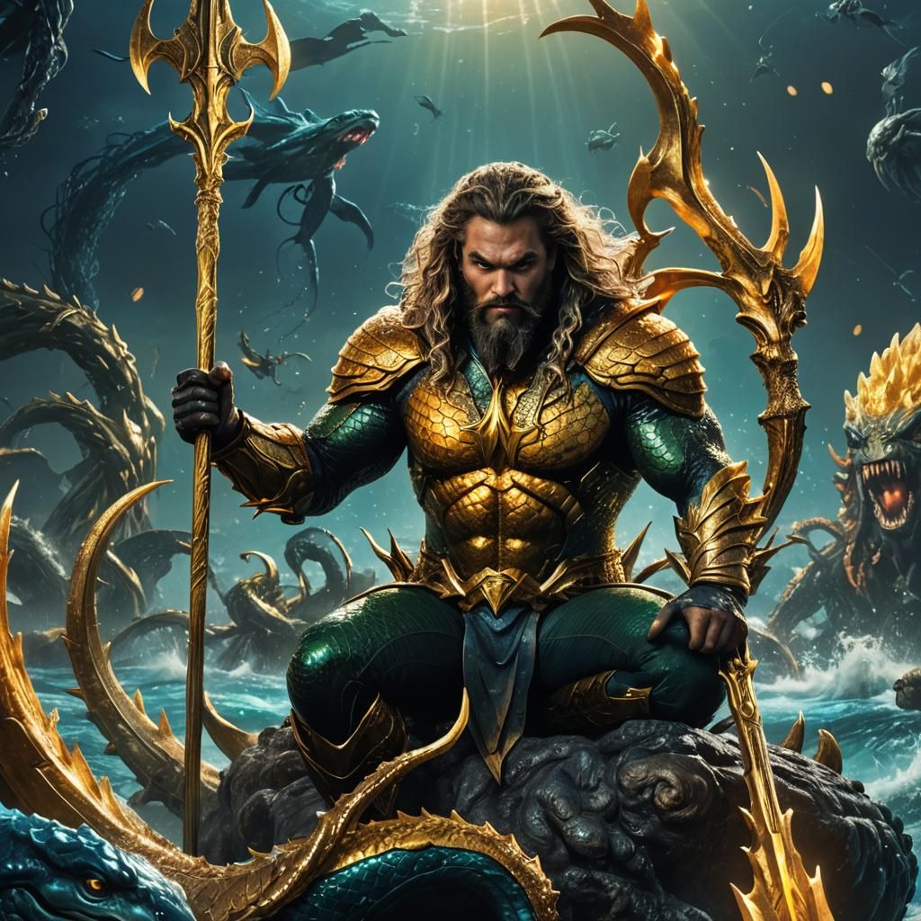 Aquaman on Kraken in Bioluminescent Ocean Depths
