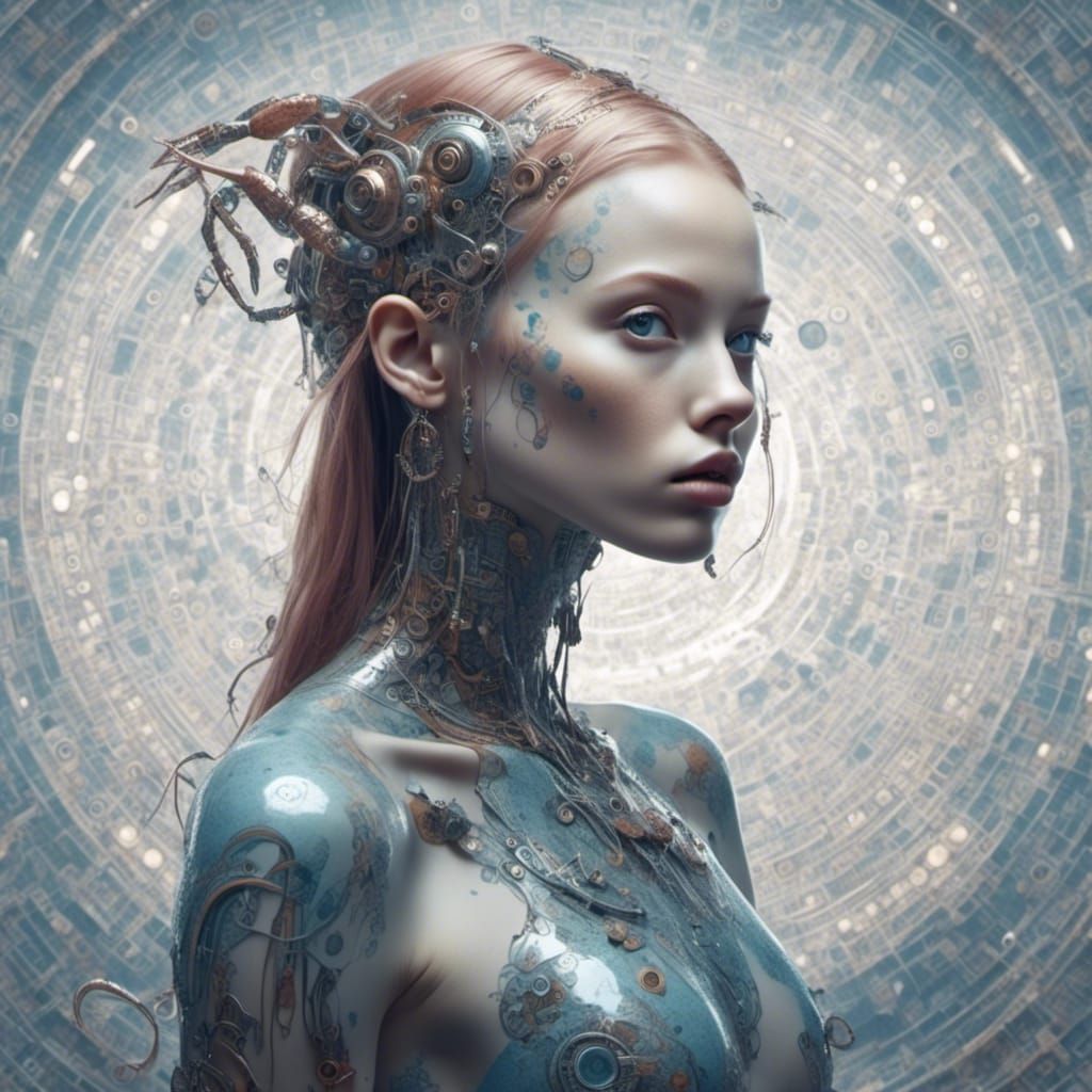 "a squid based cyborg young woman with lobster tattoos <lora...