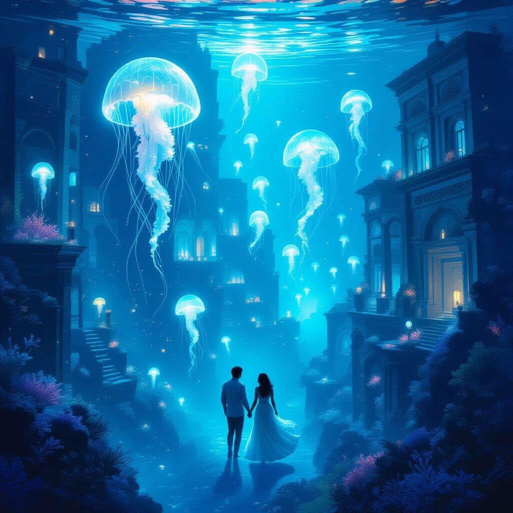 Underwater Metropolis Illuminated by Bioluminescent Life