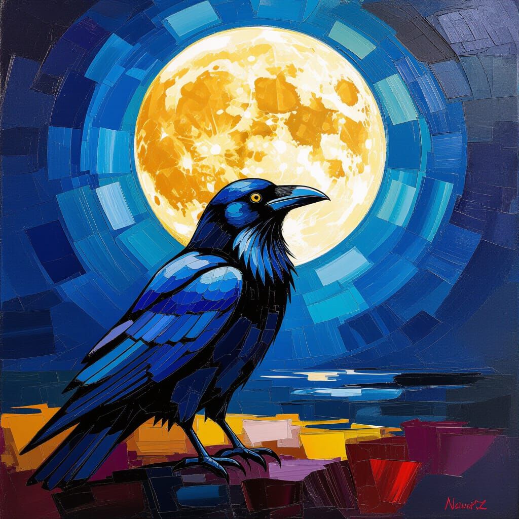Raven Cawing Under Full Moon as Impasto Oil Painting