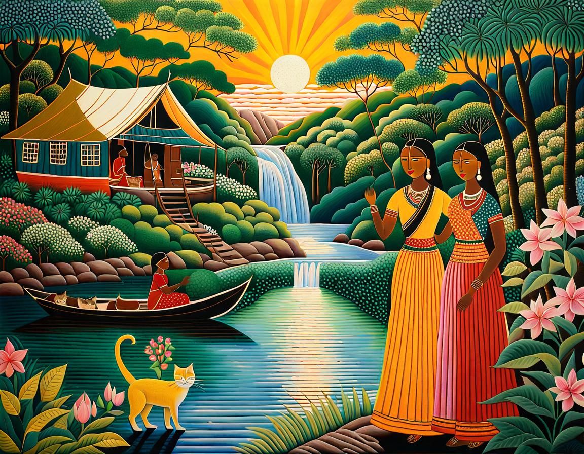 Naive Art Brut Painting of Two Women by River