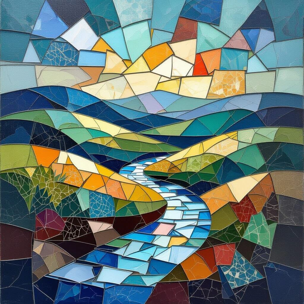 Abstract Sea Glass Landscape with Geometric Style