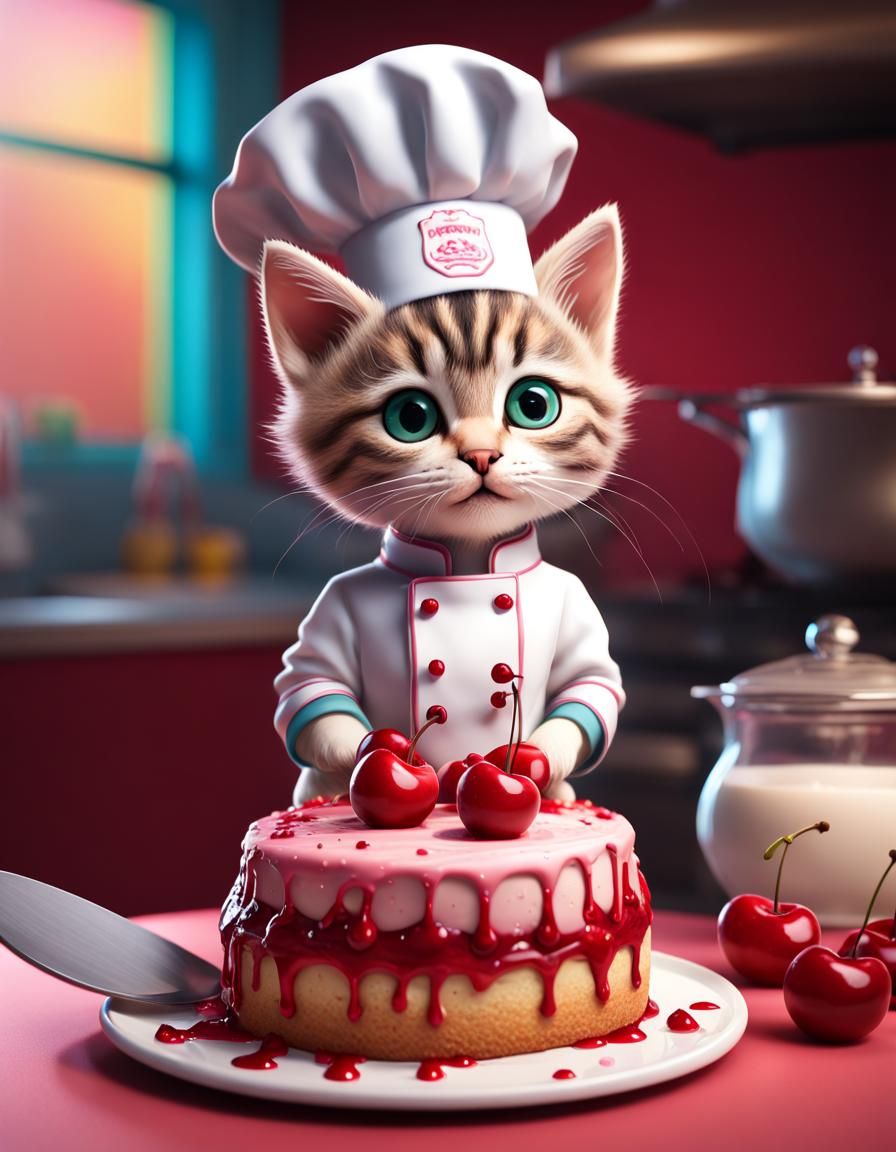 Tabby Kitten Pastry Chef Making Cherry Cake