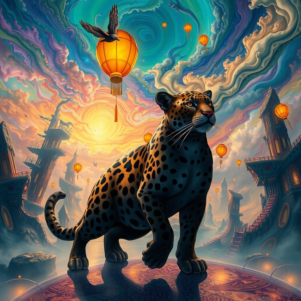 Surreal Jaguarundi in Dreamlike Realm with Vibrant Colors