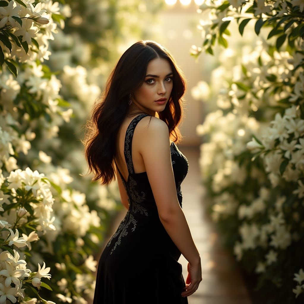 Emerald-Eyed Woman in Arabic Garden, Cinematic Film Still