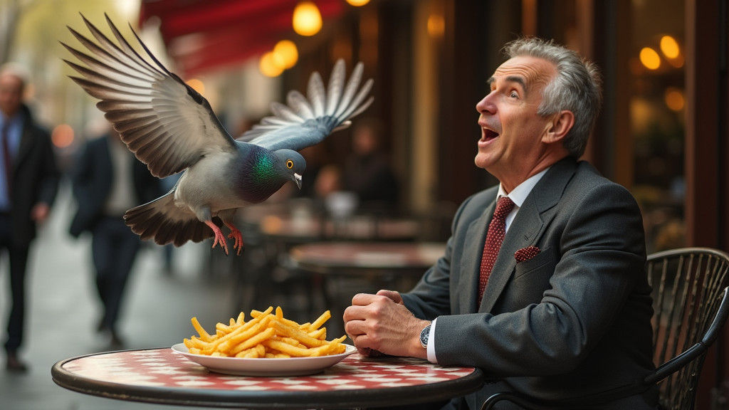 Pigeon Steals French Fry in Hyper-Realistic Photo