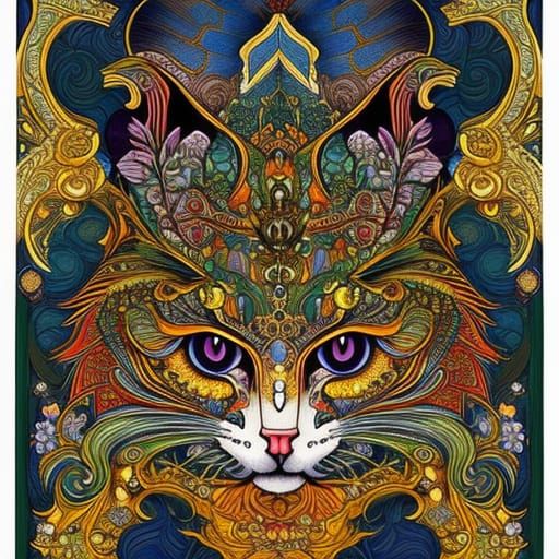 Ornate Folk Art Cat Face in Ukiyo-e Style