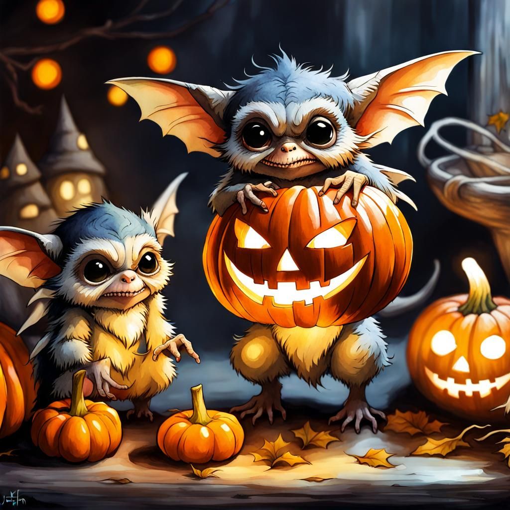 Gremlins Halloween Celebration in Watercolor Style