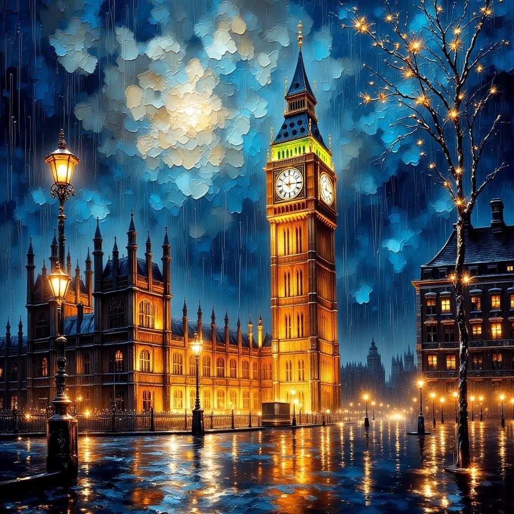 Big Ben at Night in Neo-Impressionist Style