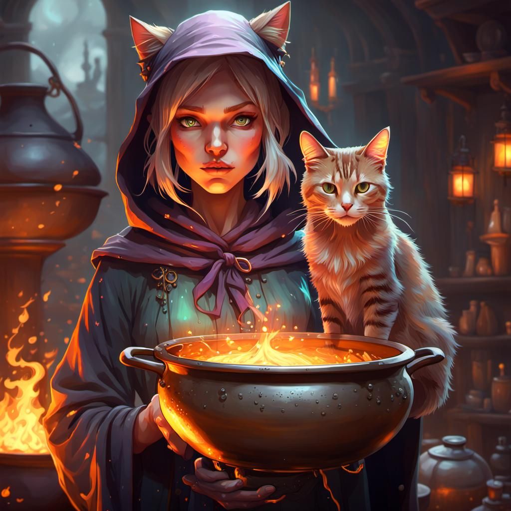 Witch and Cat Portrait in Art Nouveau Style