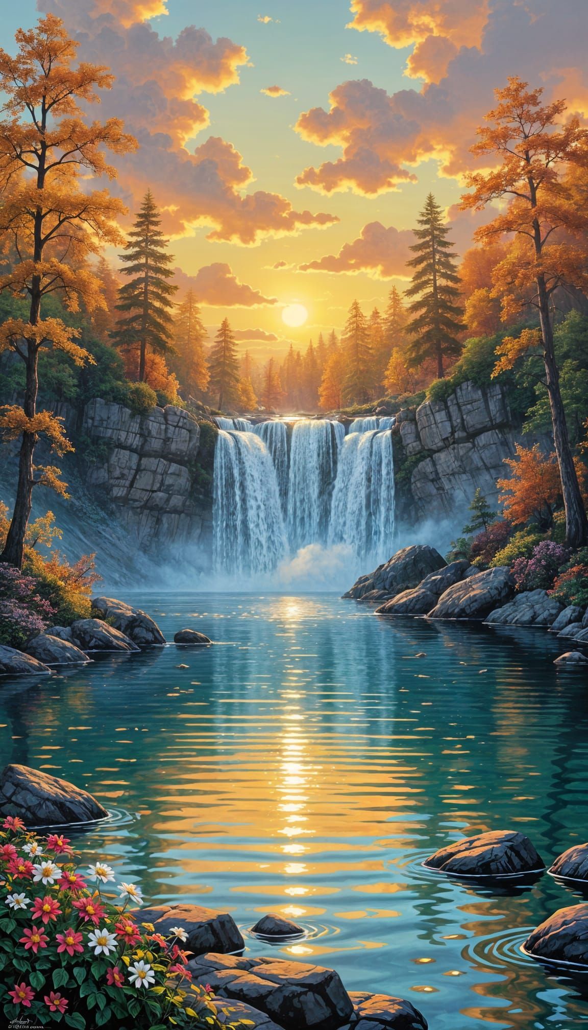 Serene Lakeside Waterfall in Golden Sunset Light