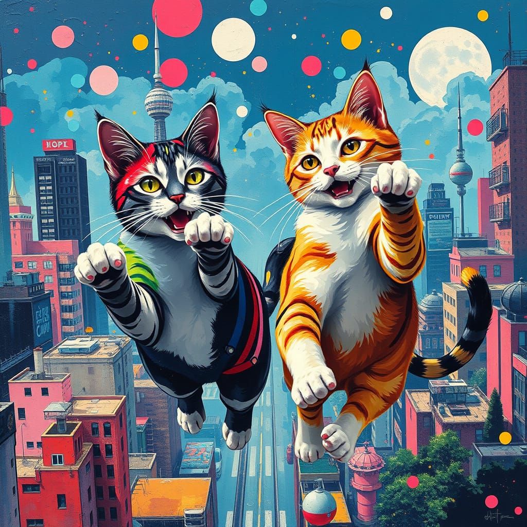 Vibrant Cats in Retro-Futuristic Cityscape, Inspired by Pop ...