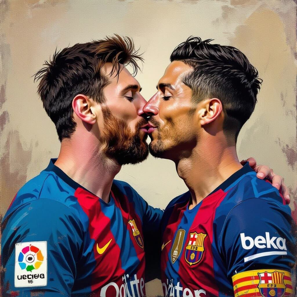 Artistic Oil Painting of Messi and Ronaldo Kissing