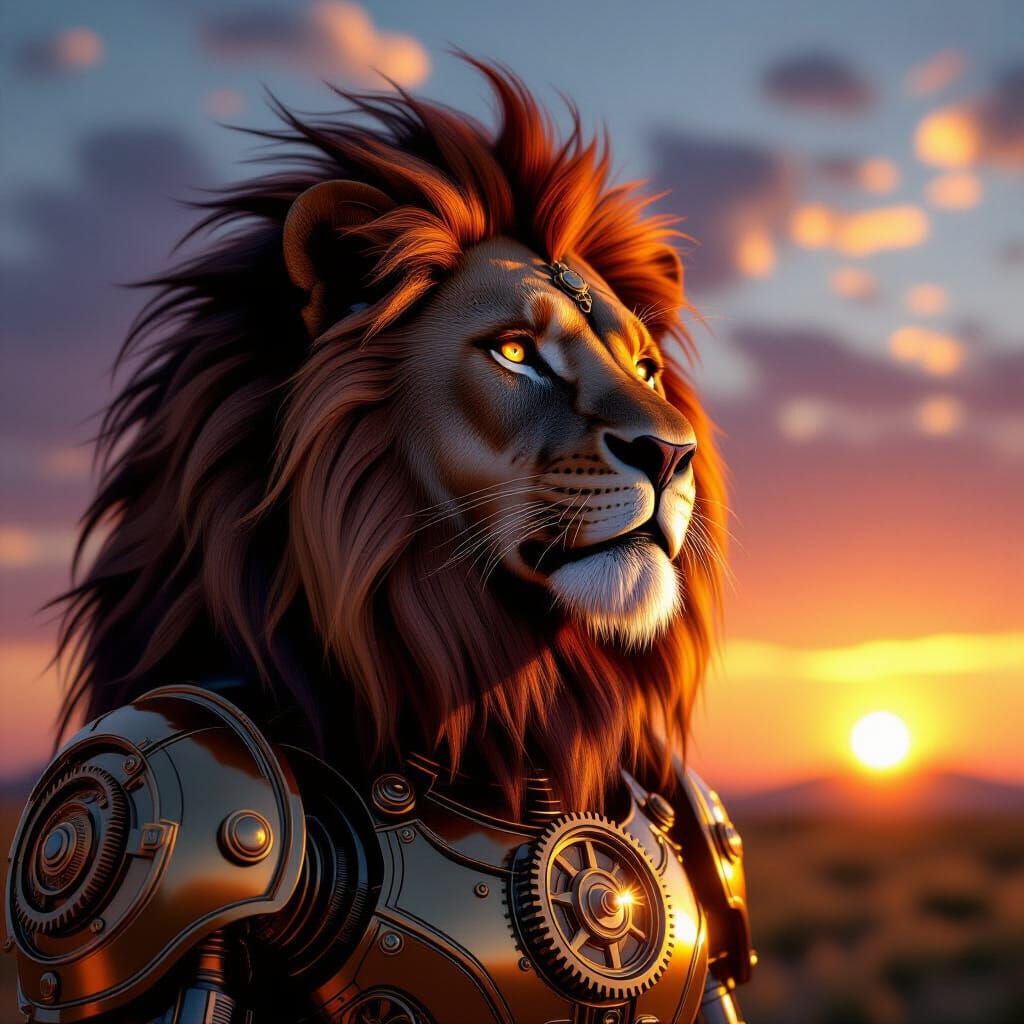 Clockwork Lion Roams a Futuristic Savanna