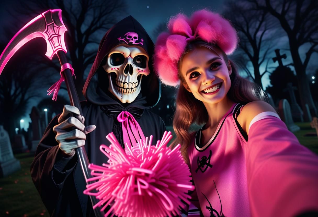 Grim Reaper and Cheerleader in Gothic Cemetery