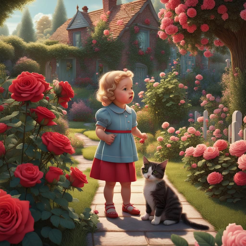 Toddler, Dog, and Cat Smelling Roses in Garden