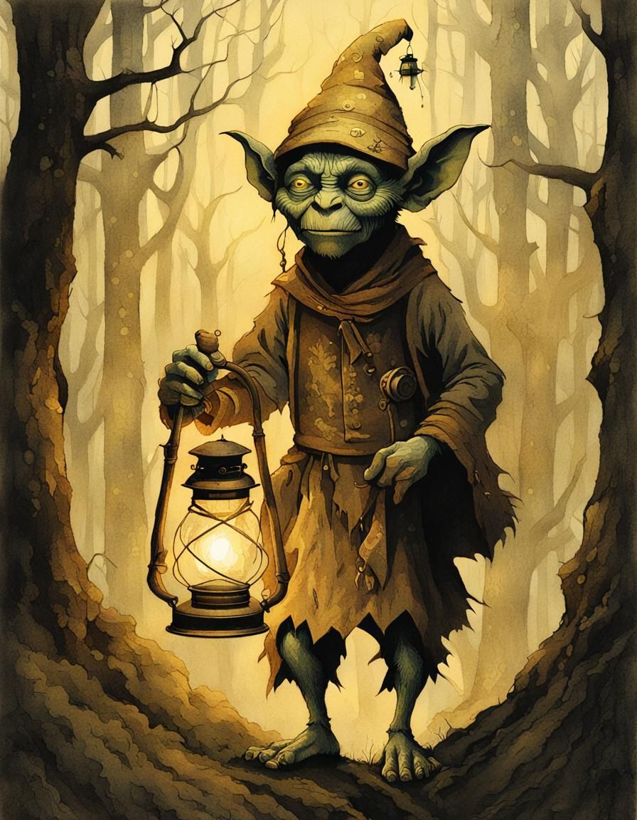 Earthy Goblin in Misty Forest Folk Art