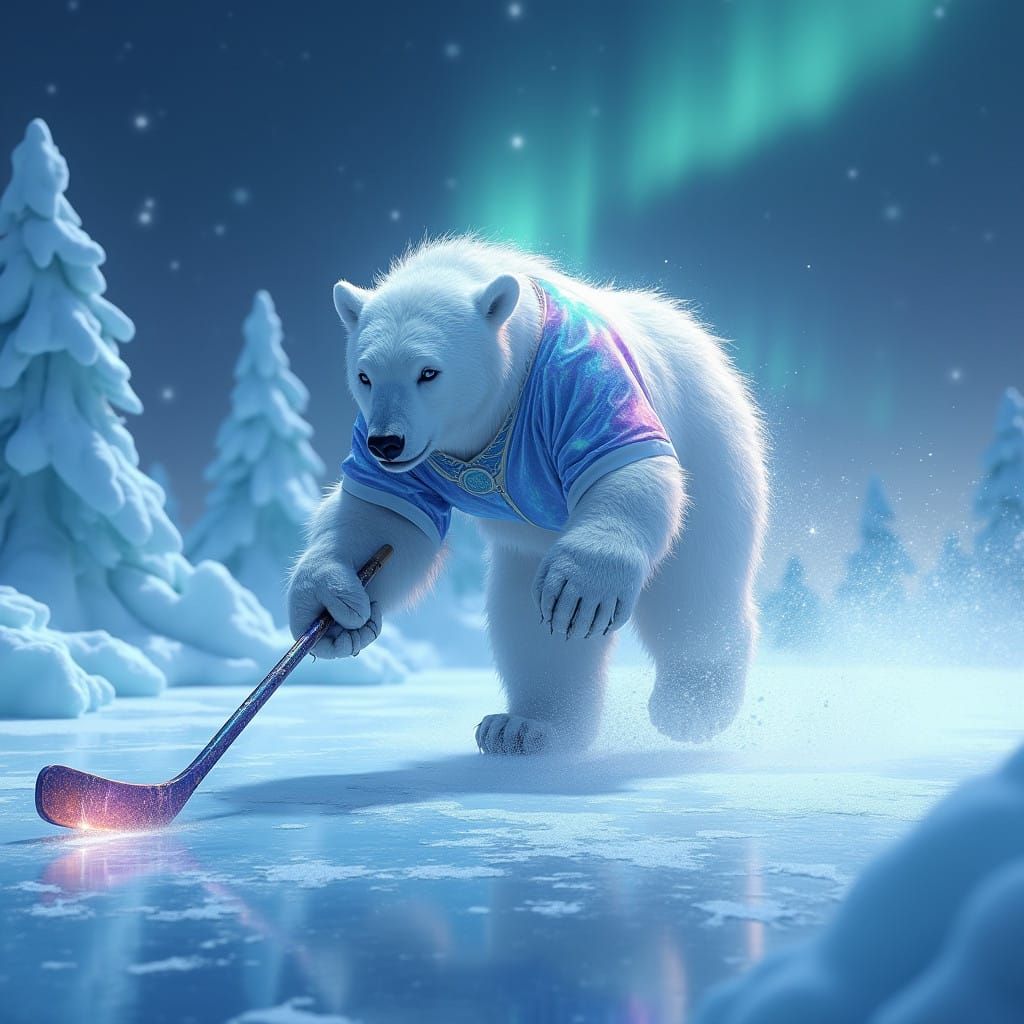 Majestic Polar Bear Glides Across Icy Arena in Cyberpunk Hoc...