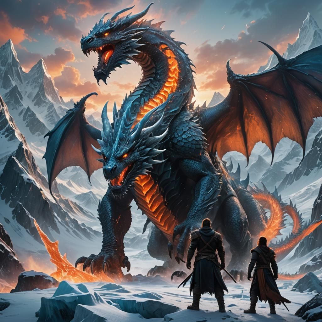 Ice Dragon Confrontation in a Dark Fantasy Landscape