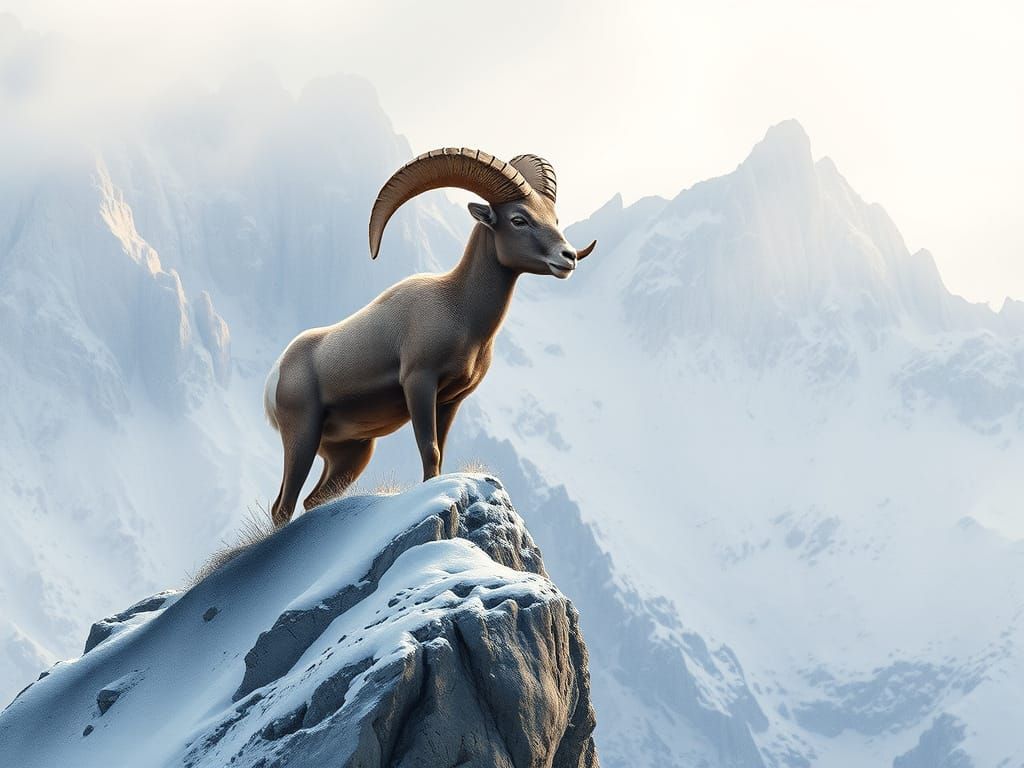 Bighorn Sheep on Snowy Mountain Crag in Watercolour